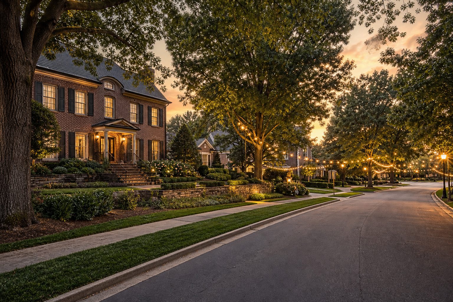 Smyrna-Vinings Atlanta Georgia residential street at golden hour, AI-generated concept imagery