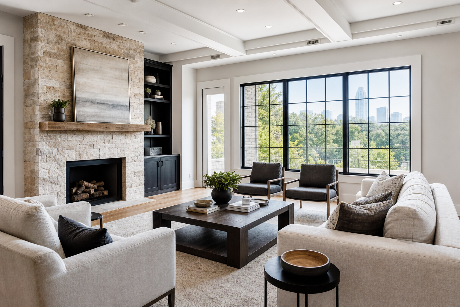 Bright modern living room interior in an Atlanta Georgia home, AI-generated concept imagery